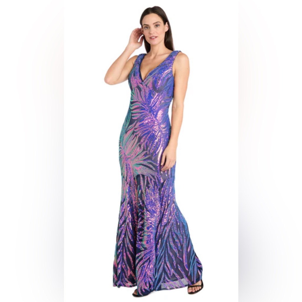 Sequin Feather Pattern V-Neck Evening Gown